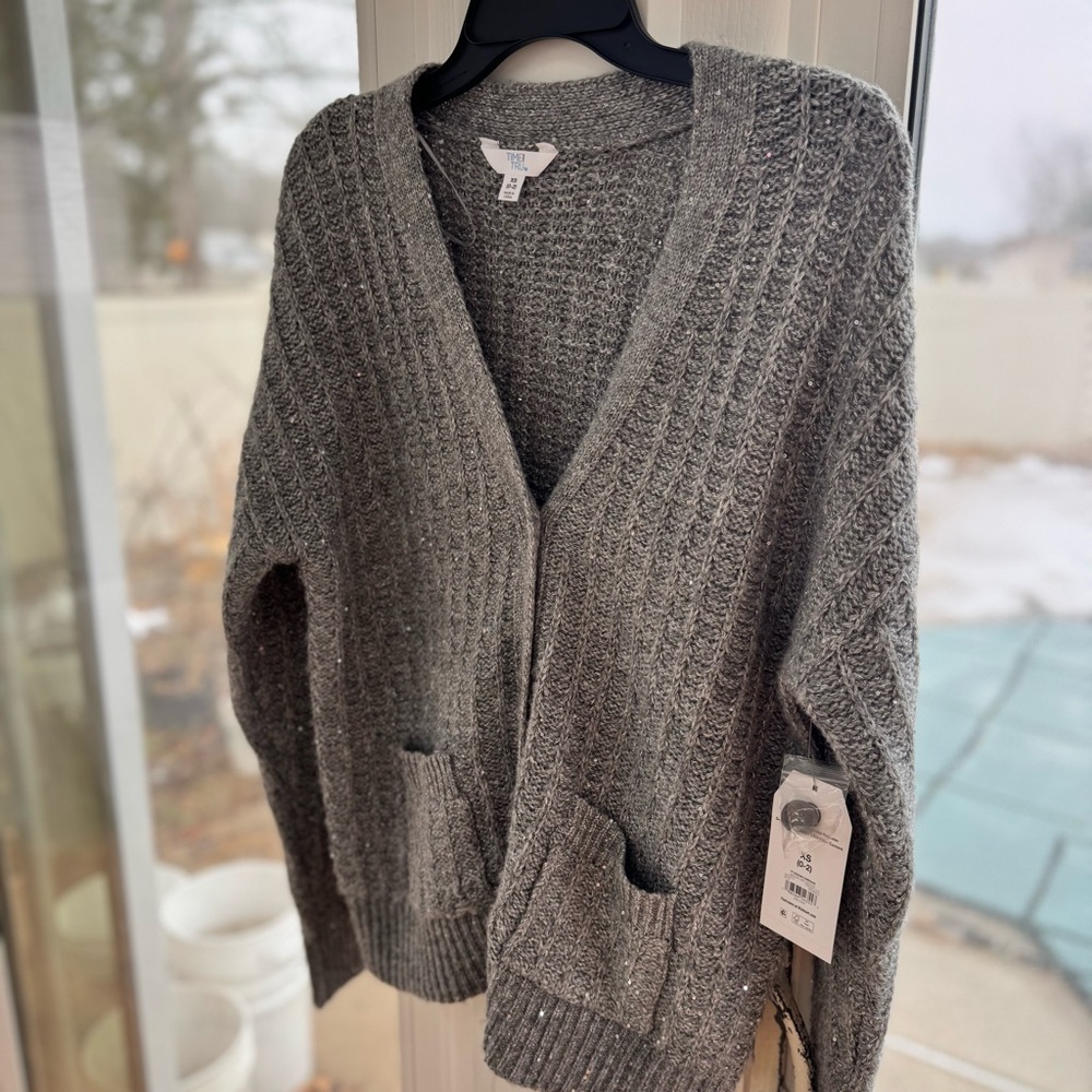 Time and Tru Women's XS Gray Heather Sequin Button Front Pocket Cardigan Sweater - Picture 9 of 13